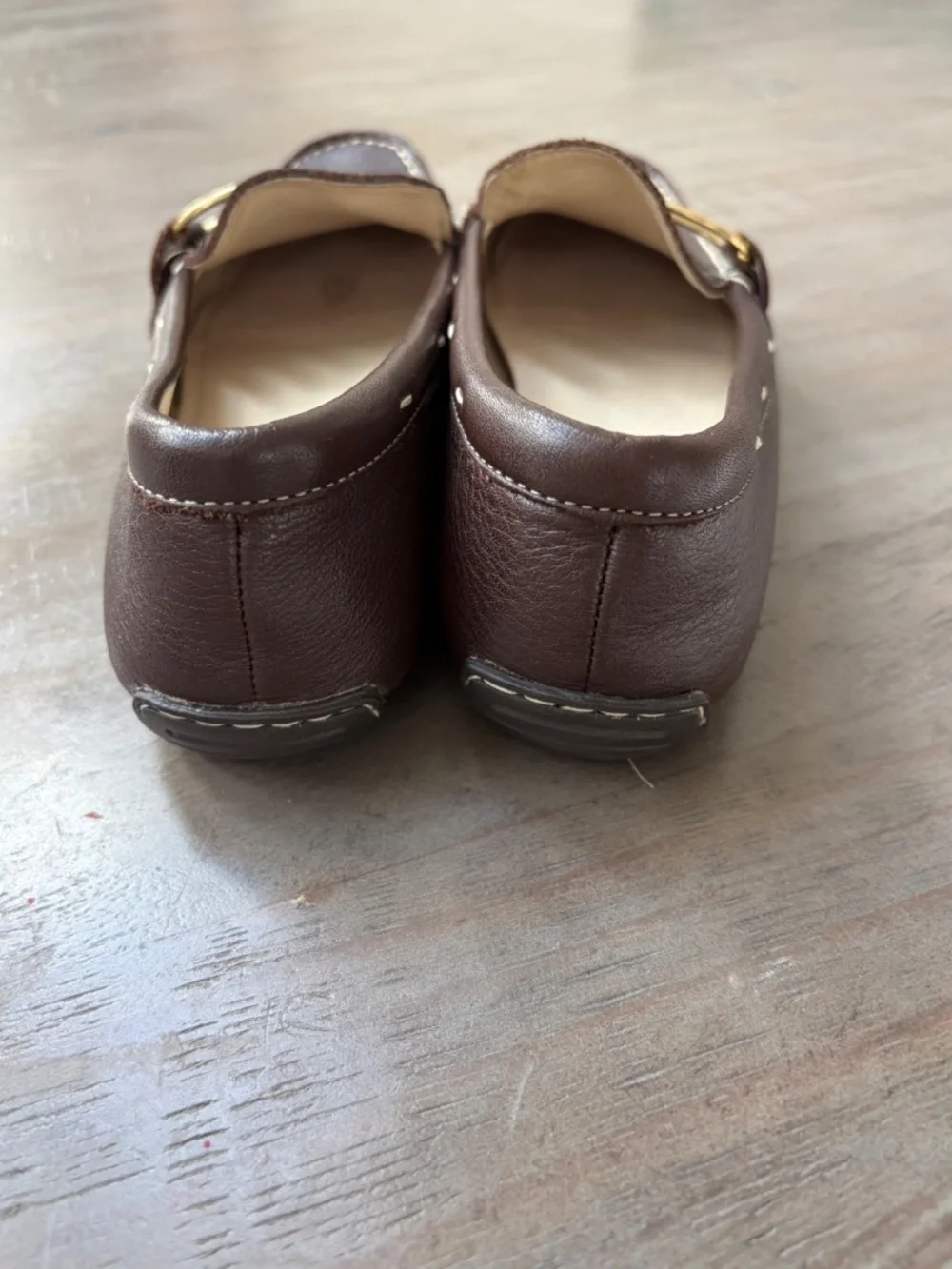 Ann Klein Davis Brown, Leather Loafers with Gold Buckle.